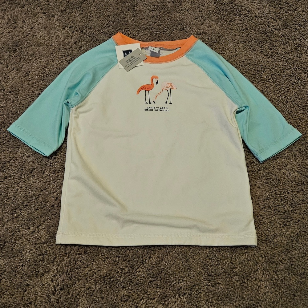Janie and Jack Rash Guard Kids 4 White NEW Flamingo UPF 50+ Sun Protection Shirt